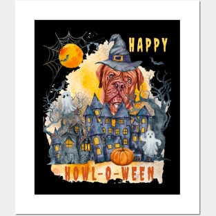 French Mastiff Happy Howl-o-ween Ghost Houses Funny Watercolor Posters and Art